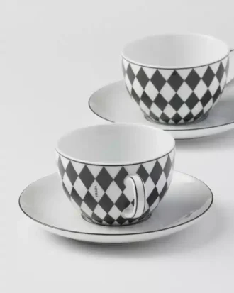 Sada dvou porcelánových čajových šálků – šachovnice