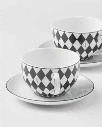 Sada dvou porcelánových šálků na cappuccino – šachovnice