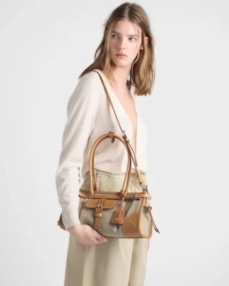 Středně velká lněná a kožená kabelka Prada Bonnie